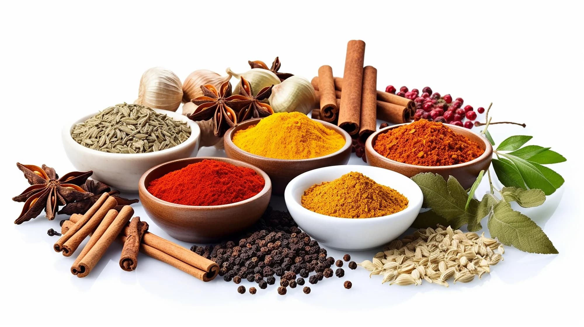 Bowls of whole and ground spices with cinnamon and star anise